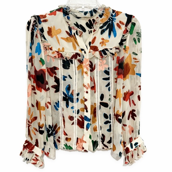 Alice + Olivia | Malinda Devore Ruffled Blouse Prisma Floral Burnout Size Small - Picture 4 of 11